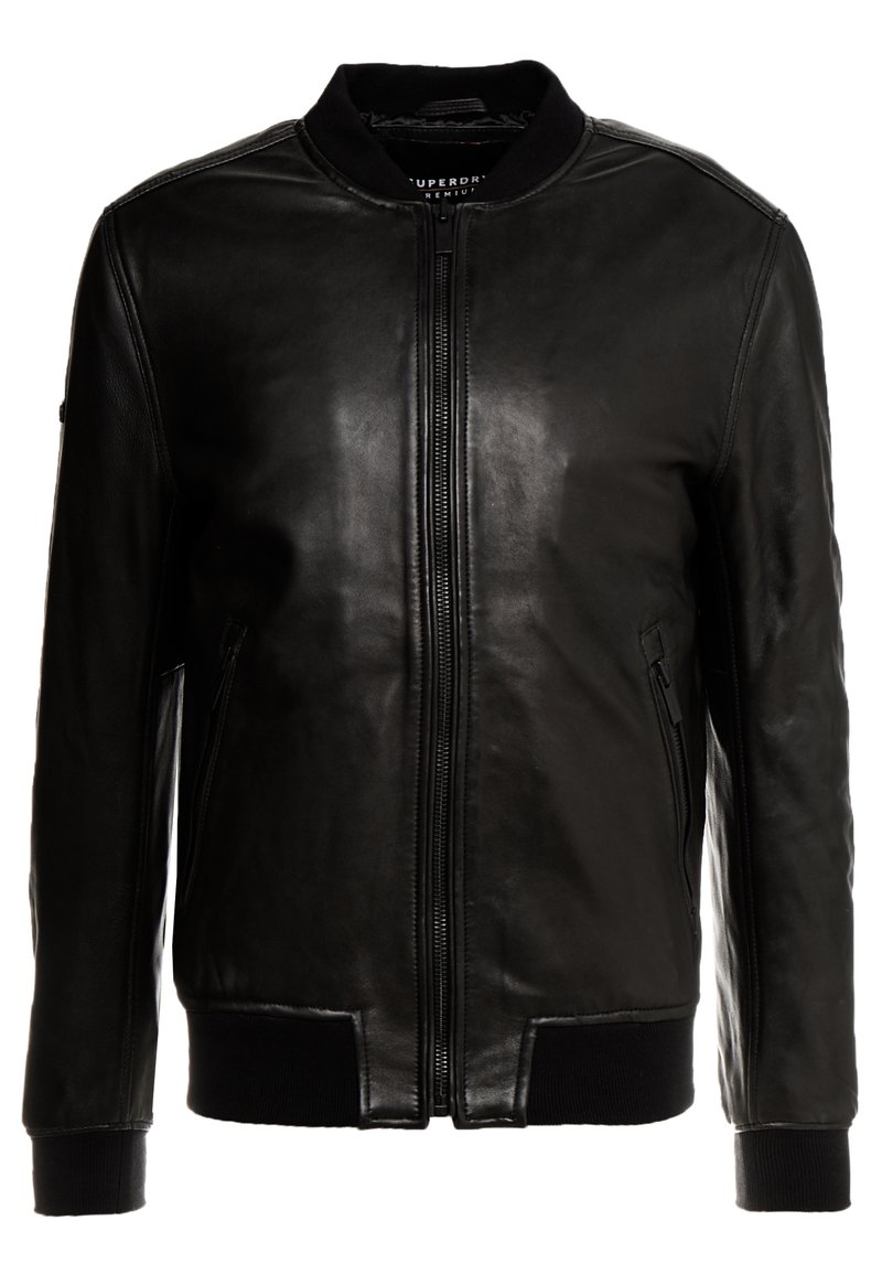 Black leather bomber jacket with a front zipper, ribbed collar and cuffs, and two side zippered pockets. Smooth texture and fitted design.