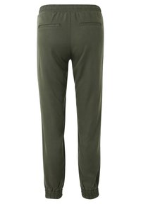 Olive green pants made from smooth fabric, featuring an elastic waistband and cuffs, with two back pockets and a tapered design.
