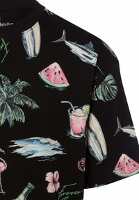 Black short-sleeve t-shirt featuring colorful summer-themed graphics, including watermelons, palm trees, surfboards, and cocktails.