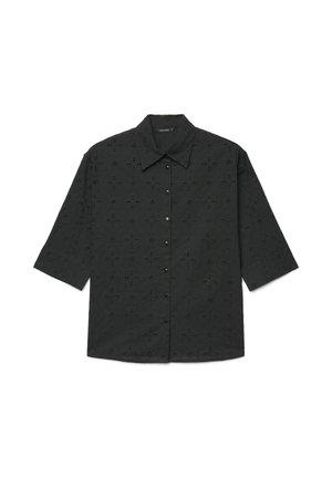 Schwarzes Hemd zum Knöpfen mit 3/4-Ärmeln und Lochmuster in Blumenoptik, mit spitzem Kragen und geradem Saum.