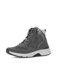 Grijze enkelboots met een leren bovenwerk, textuuraccenten, metalen rits en een contrasterende witte zool. Voorzien van vetersluiting en gevoerd kraagje.