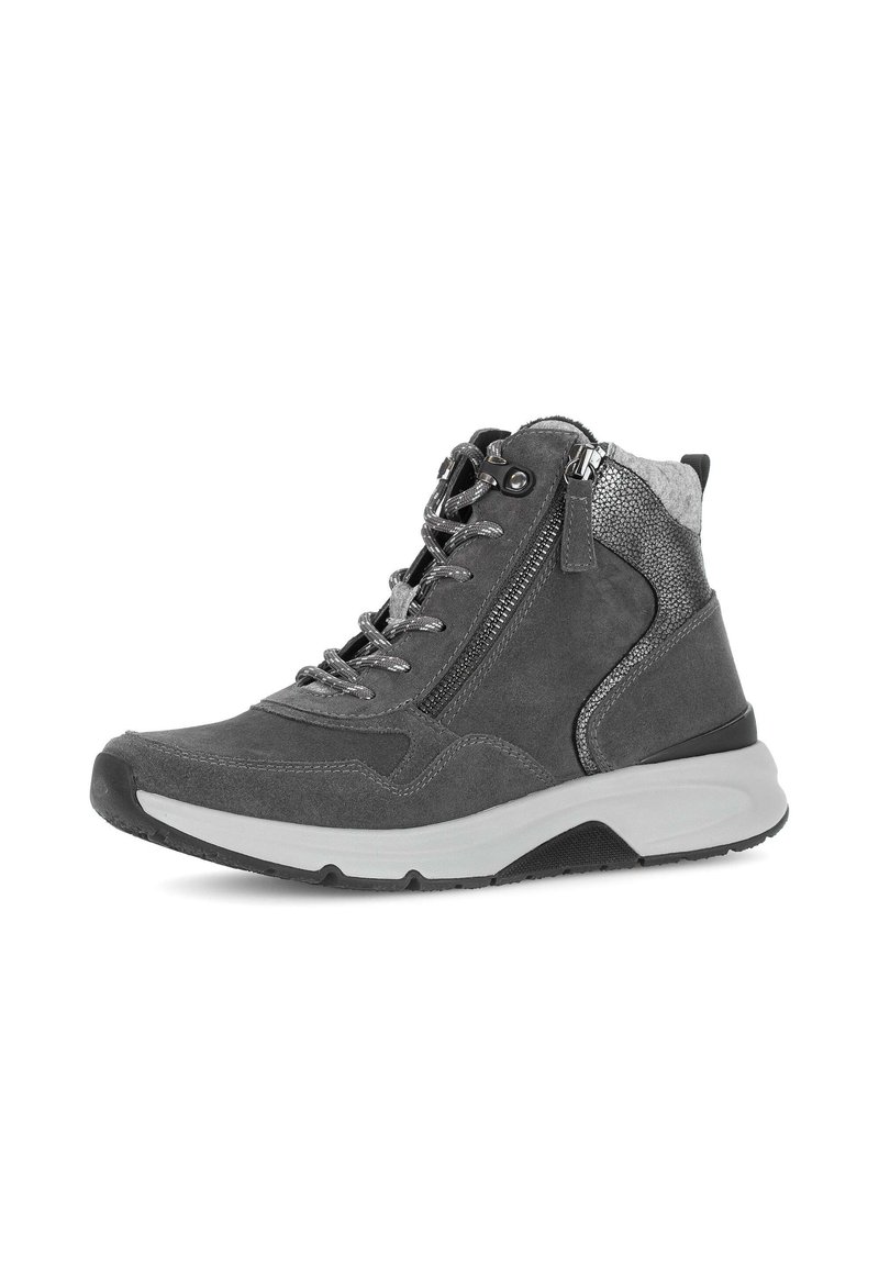 Grijze enkelboots met een leren bovenwerk, textuuraccenten, metalen rits en een contrasterende witte zool. Voorzien van vetersluiting en gevoerd kraagje.
