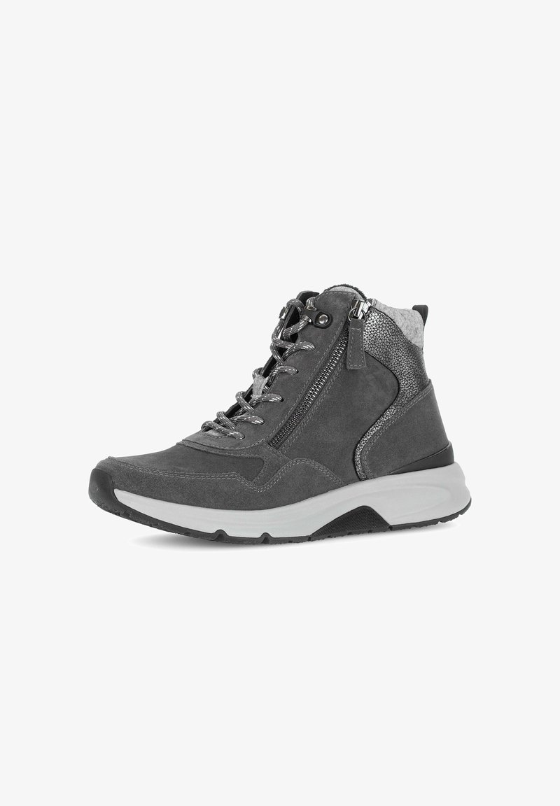 Gray ankle boots with suede upper, textured accents, metallic zipper, and contrasting white sole. Features lace-up design and padded collar.
