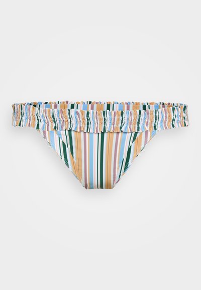Parte debaixo de biquíni riscado com uma cintura franzida. As cores incluem verde, dourado, azul claro e rosa. Feito de material sintético elástico.