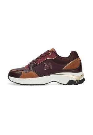 Men’s sneaker in maroon, burgundy, and brown with suede and mesh details, lace-up front, white sole, and metallic accent on heel.