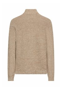 Beige gestrickter Pullover mit hohem Kragen, langen Ärmeln und strukturiertem Muster. Das Material wirkt weich und gemütlich mit einem subtilen Melange-Effekt.