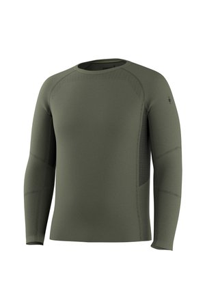 Chemise de sport vert olive à manches longues avec un design sans coutures et des motifs de ventilation subtils sur les épaules et les manches.