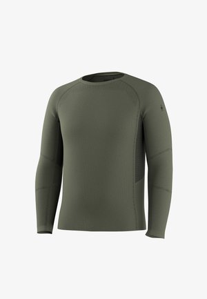 Chemise de sport vert olive à manches longues avec un design sans coutures et des motifs de ventilation subtils sur les épaules et les manches.