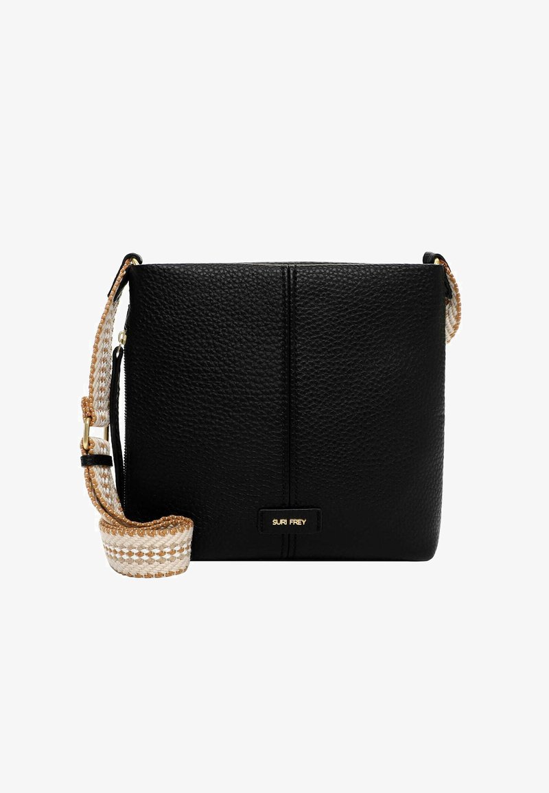 Black textured leather crossbody bag with beige and white woven strap and gold brand logo "Suri Frey" on front center.