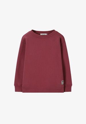 Sweat-shirt à manches longues couleur bordeaux avec col ras du cou, poignets et ourlet côtelés, arborant une petite étiquette logo de palmier près du bas à droite.
