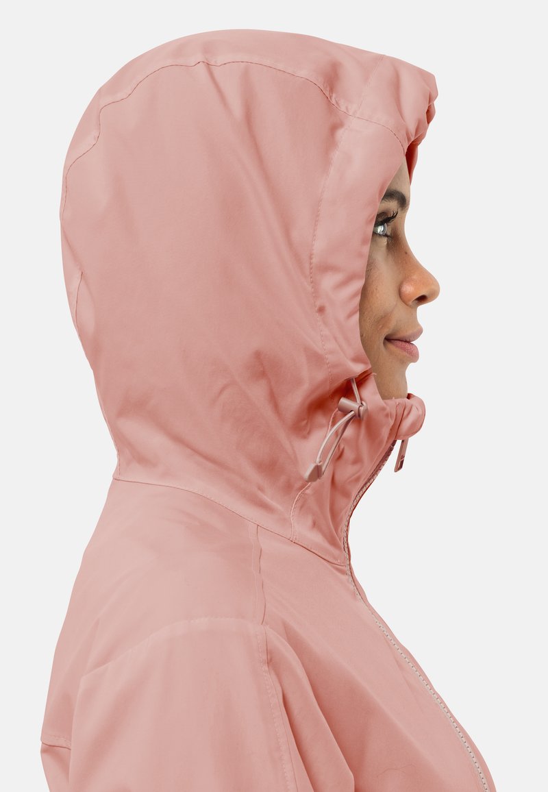 Rosa leichte Jacke mit Kapuze, die eine glatte Textur, eine verstellbare Kordel und seitliche Reißverschlussdetails aufweist.