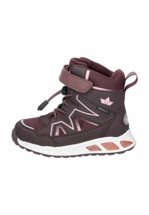 Child's high-top sneaker in dark purple with light pink accents, Velcro strap, elastic laces, breathable mesh, and cushioned white sole with orange details.