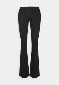 Jeans negros de corte acampanado, hechos de denim, con una cintura ajustada, diseño de cinco bolsillos y una textura suave, con un ligero estiramiento para mayor comodidad.