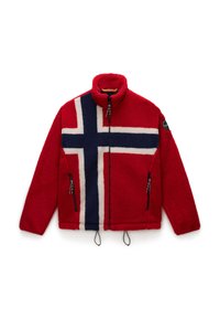 Jachetă din fleece roșu cu fermoar complet, model încrucișat alb și bleumarin pe față, buzunare laterale cu fermoar și patch rotund pe mâneca stângă.