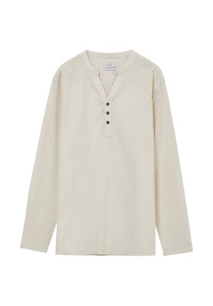 Camicia a maniche lunghe color crema con scollo a V, quattro bottoni scuri sul collo e vestibilità comoda. Tessuto liscio, design semplice.