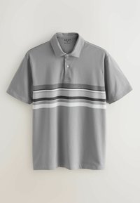 Grau gestreiftes Polohemd aus Baumwolle, mit kurzen Ärmeln, einem Kragen und horizontalen Streifen in dunkleren Grautönen und Weiß.