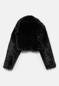 Svart fuskpäls cropped jacka med långa ärmar, mjuk textur och bred krage. Har en slät, glänsande yta och inga synliga stängningar.
