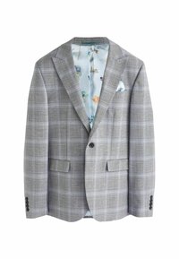 Grau karierter Blazer mit einem hellblauen floralen Innenfutter, zwei vorderen Taschen, Reverskragen und einer einzelnen Knopfleiste vorne.