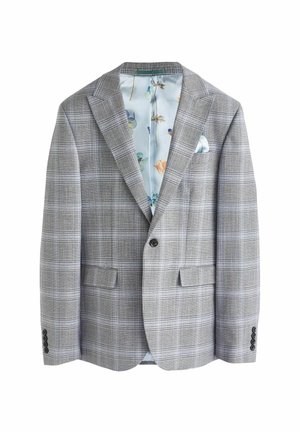Grau karierter Blazer mit einem hellblauen floralen Innenfutter, zwei vorderen Taschen, Reverskragen und einer einzelnen Knopfleiste vorne.