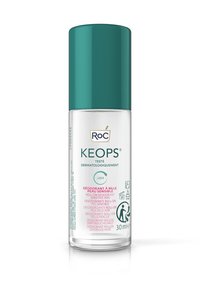 Clear glass roll-on deodorant bottle, 30 ml, with a teal cap. Label features white and pink text, indicating sensitivity and dermatological testing.