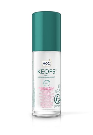 Helder glazen roll-on deodorantfles van 30 ml, met een teal kleurige dop. Het etiket bevat witte en roze tekst, die gevoeligheid en dermatologisch testen aangeeft.