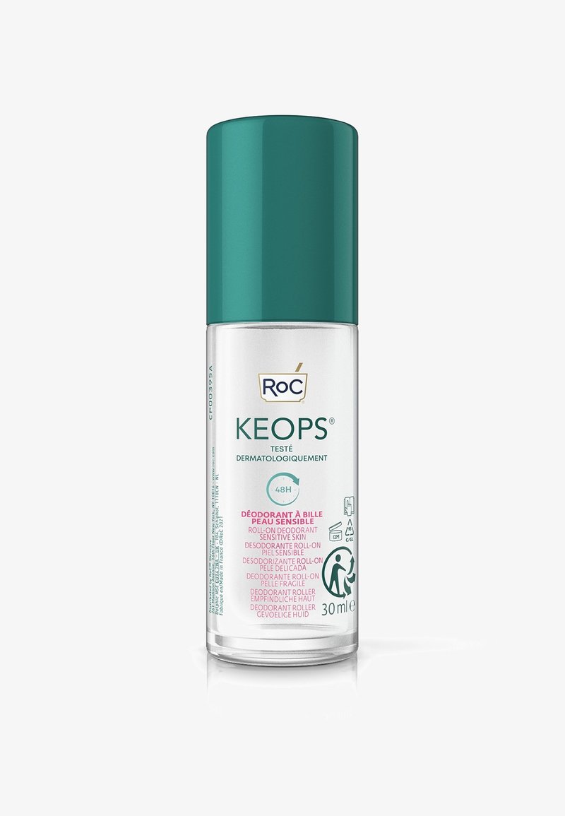 Clear glass roll-on deodorant bottle, 30 ml, with a teal cap. Label features white and pink text, indicating sensitivity and dermatological testing.