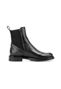 Bottine Chelsea en cuir noir avec panneau latéral élastique, languette arrière, petit talon et bout arrondi, vue de côté extérieur.