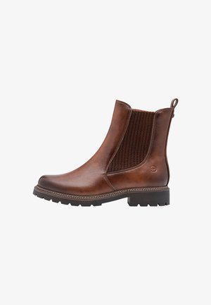 Bottine en cuir marron avec un panneau élastique texturé sur les côtés, une languette à l'arrière, un bout rond, une semelle cousue et un petit talon bloc.