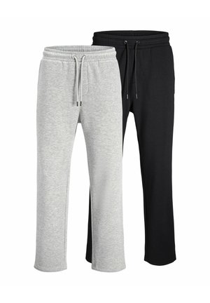 Deux paires de pantalons de survêtement décontractés, un gris clair et un noir, tous deux avec taille élastique et cordons.