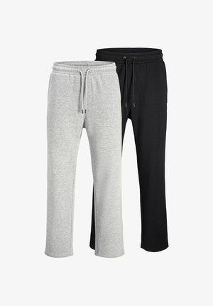 Deux paires de pantalons de survêtement décontractés, un gris clair et un noir, tous deux avec taille élastique et cordons.