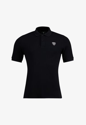 Zwarte polo gemaakt van katoen met een gestructureerde afwerking. Heeft een kraag en drie knopen, met een klein logo op de linkerborst.