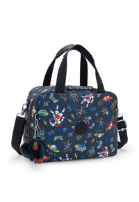 Borsa di stoffa blu con illustrazioni colorate a tema spaziale, manici neri e un portachiavi a forma di scimmietta pelosa rimovibile. Include una tracolla regolabile.