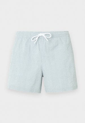 Short de bain homme bleu clair avec de subtiles rayures verticales et cordon blanc à la taille élastique, présenté à plat sur fond blanc.