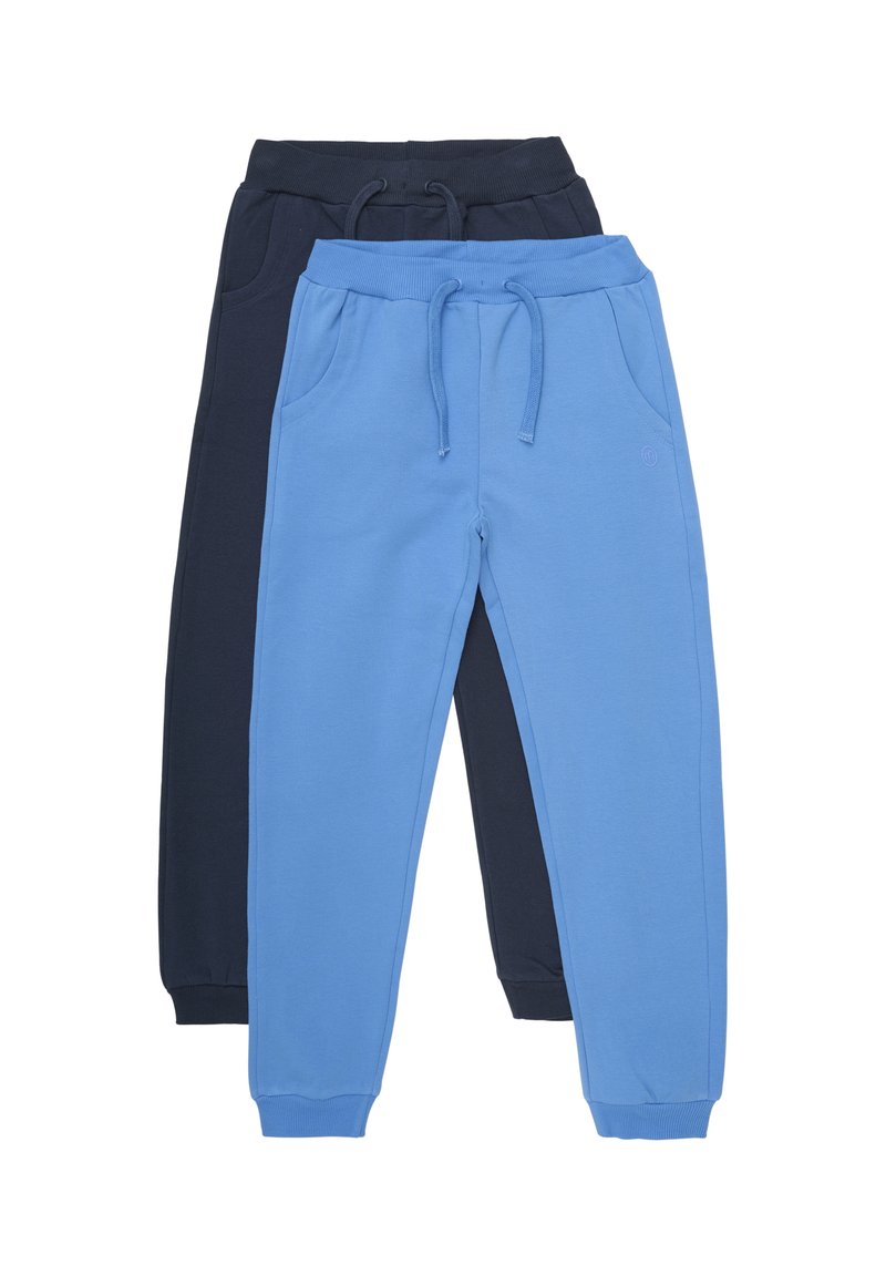 Zwei Paar Jogginghosen: eine in Hellblau und die andere in Dunkelblau, aus weichem Baumwollmaterial, mit elastischem Bund und Seitentaschen.