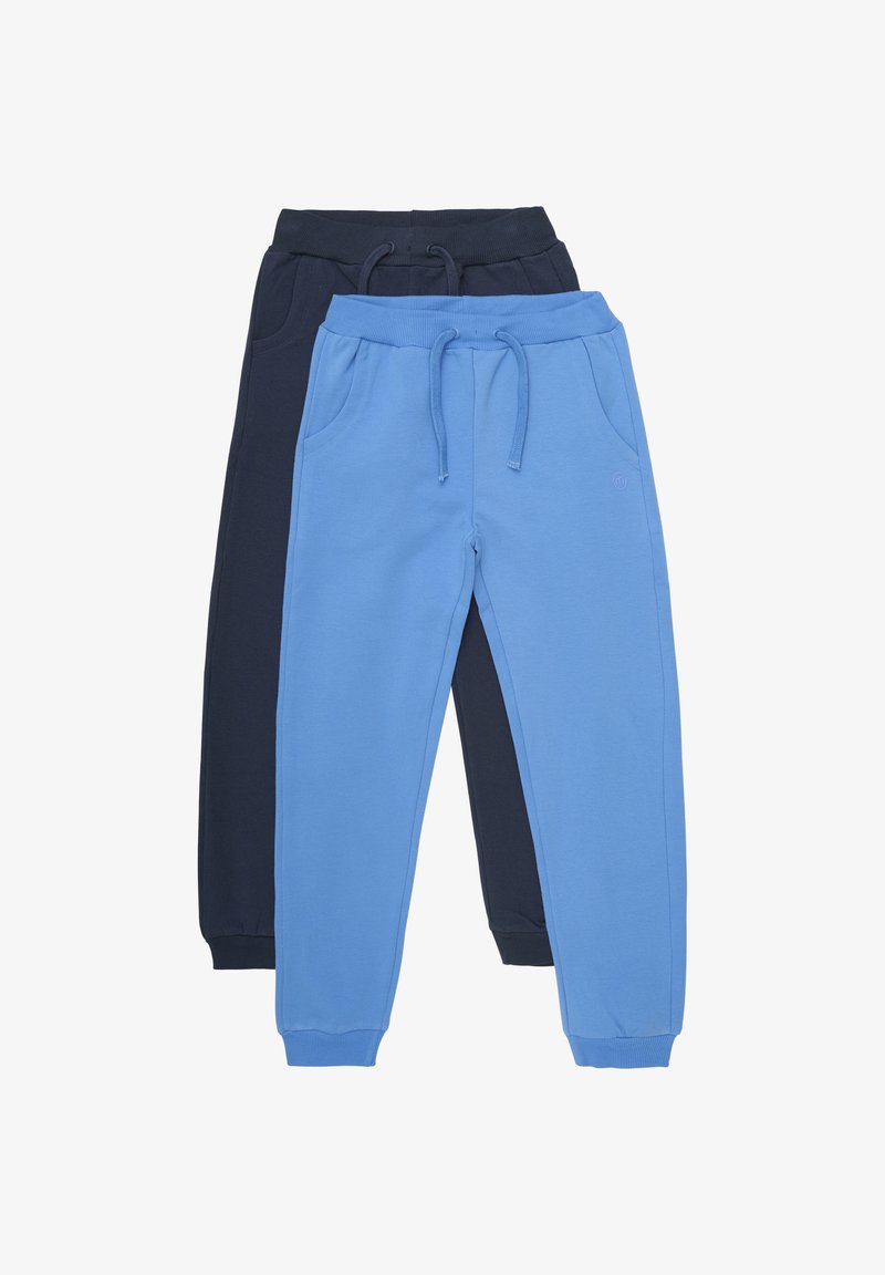 Zwei Paar Jogginghosen: eine in Hellblau und die andere in Dunkelblau, aus weichem Baumwollmaterial, mit elastischem Bund und Seitentaschen.