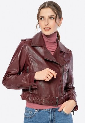 Maroon leather motorcycle jacket with a cropped design, wide collar, zippered pockets, shoulder epaulettes, and belt detail at the waist.