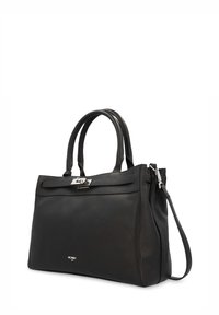 Schwarze Lederhandtasche mit strukturierter Oberfläche, zwei Henkeln, verstellbarem Schulterriemen und einem Metallverschlussdetail an der Vorderseite.