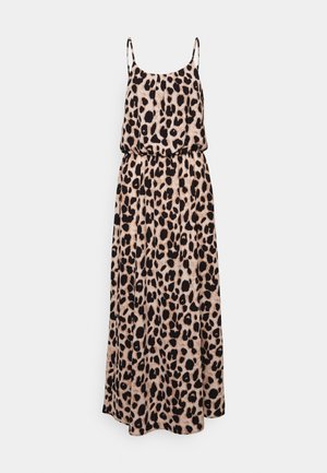 Vestido maxi de estampa de leopardo com alças finas, cintura ajustada, silhueta fluida, confeccionado em tecido leve nas cores bege e preto.