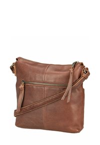 Borsa a tracolla in pelle marrone con tracolla regolabile, scomparto principale con zip e tasca frontale con zip. Superficie testurizzata e design minimalista.