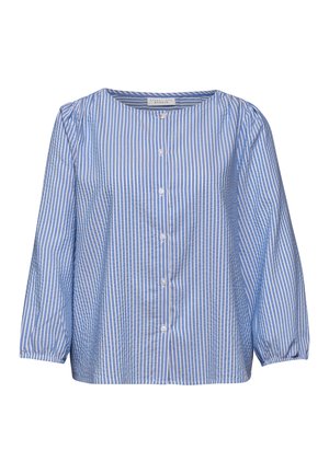 Blouse à rayures verticales bleu et blanc, manches longues, col rond et fermeture à boutons devant.