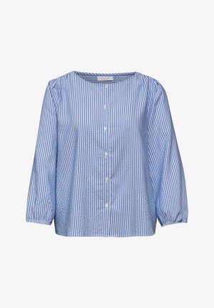 Blauwe en witte blouse met verticale strepen, lange mouwen, een ronde hals en knoopsluiting aan de voorkant.