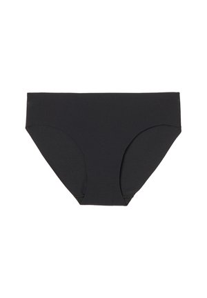Černé bikiny s klasickým střihem, vyrobené z elastického materiálu, s hladkými okraji a jemnou texturou. Žádné další vzory nebo akcenty.