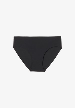 Parte inferiore di bikini nera realizzata in tessuto elastico, con un taglio classico, bordi senza cuciture e una superficie liscia. Nessun motivo o dettaglio aggiuntivo.