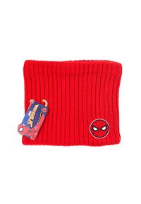 Rode gebreide beanie met een geribbelde textuur. Bevat een ronde Spiderman-patch en een label met Spiderman-graphics eraan bevestigd.