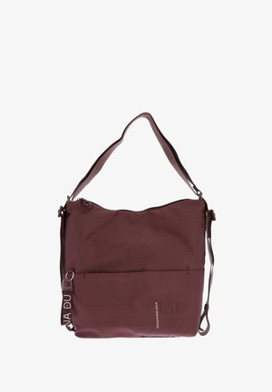 Sac à épaule texturé rouge foncé avec bandoulière réglable, poche zippée à l'avant et logo vertical blanc "MANDARINA DUCK".