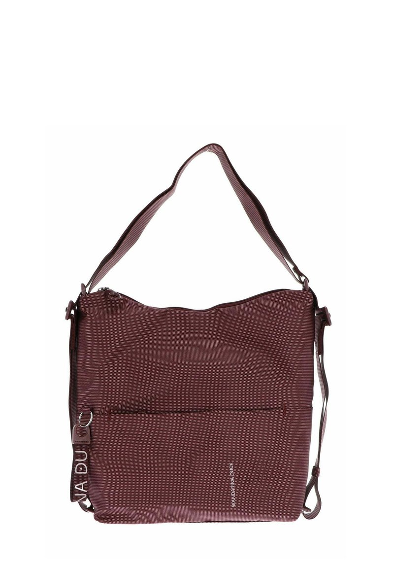 Sac à épaule texturé rouge foncé avec bandoulière réglable, poche zippée à l'avant et logo vertical blanc "MANDARINA DUCK".