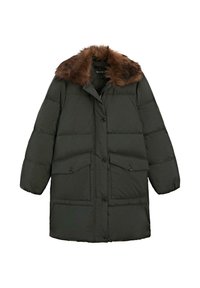 Dark green puffer coat with brown faux fur collar, button front closure, and two large flap pockets with buttons on front.