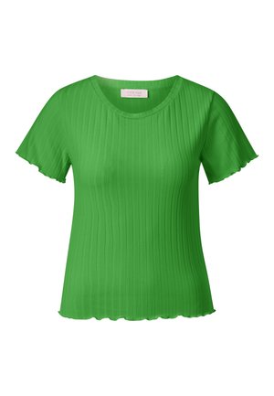 Top corto a maniche corte verde a coste con scollatura rotonda e bordi scallop, realizzato in un tessuto morbido che esalta una silhouette aderente.