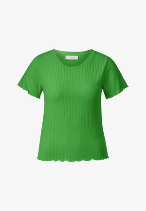 Vihreä ribbikipaita lyhyillä hihoilla, pyöreällä kaula-aukolla ja aaltoilevilla reunoilla, valmistettu sileästä kankaasta, joka korostaa kiinteää siluettia.