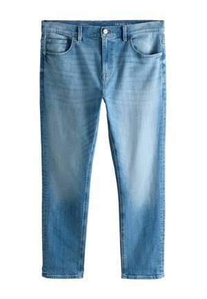 Helehallid kitsad teksad esikinnise ja tõmblukuga, viie tasku disainiga ja õrna pleekinud pesuga.